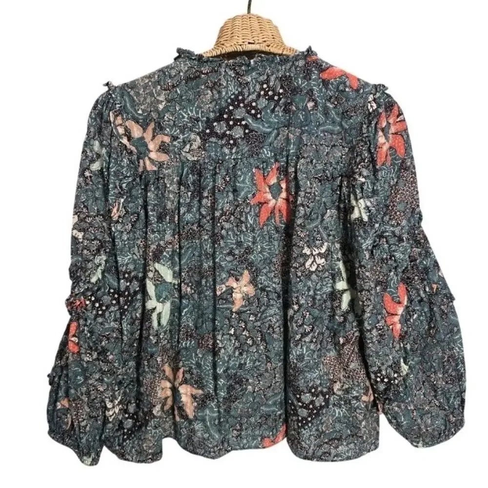 Ulla Johnson Manet Boho Top Size 8 Malachite Floral Ruffle Puff Sleeve Blouse